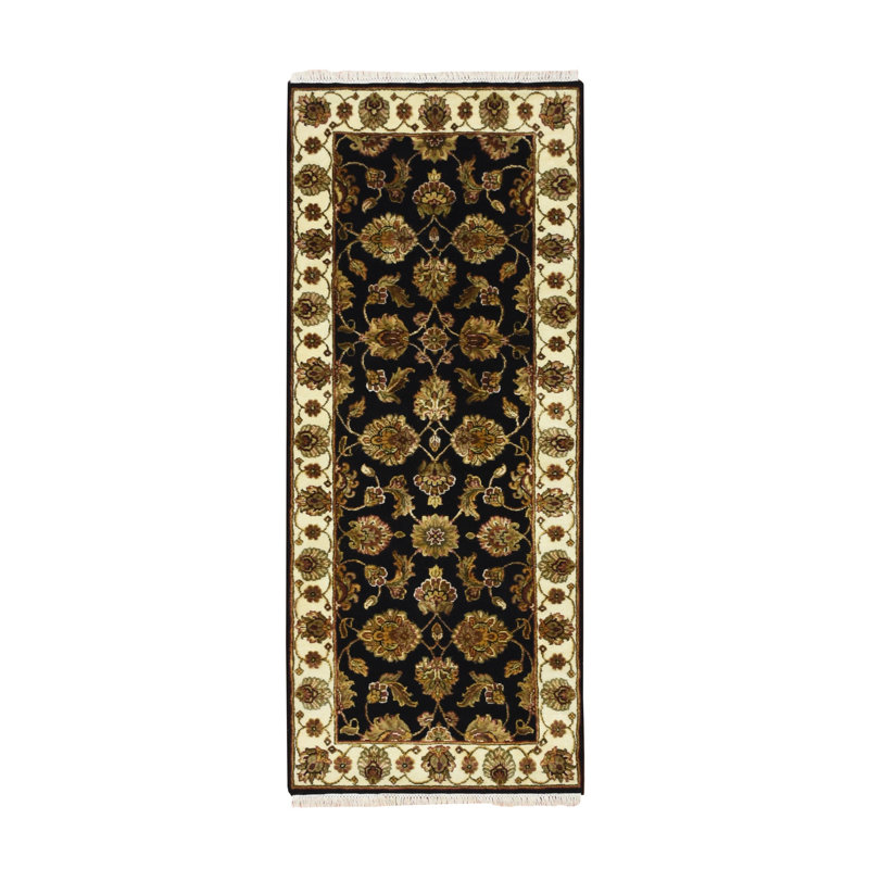 Tapis cavalier noir 2 pi 7 po x 6 pi 2 po, Rajasthan avec motif de feuilles, noué à la main, velours doux, laine et soie
