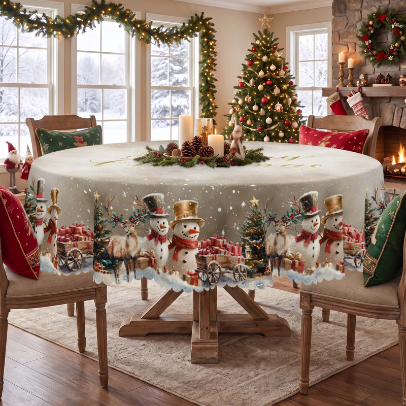 Grayish-White Washable Christmas Snowman Pattern Polyester Tablecloth