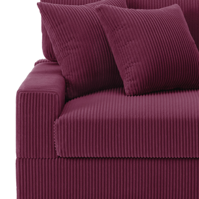 Canapé modulaire rembourré en velours côtelé 3 pièces avec dossier coussiné et pieds en bois massif, Mauve foncé