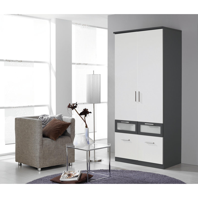 Bochum 2 Door Wardrobe, Alpine white, metallic grey and frosted glass