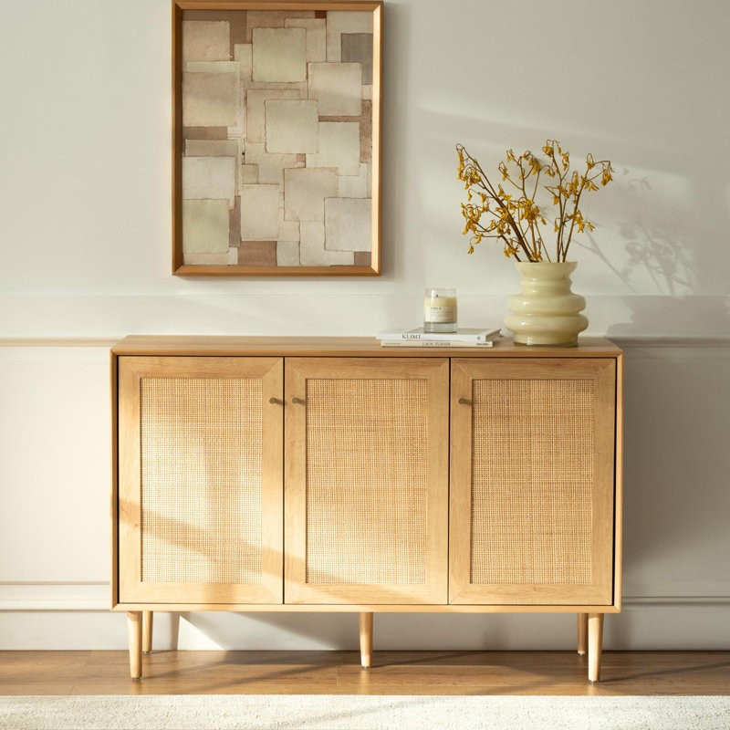 Rattan 3 Door Sideboard Accent Cabinet, Oak