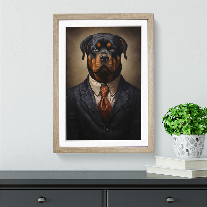 Rottweiler in a Suit Painting - Framed Print, 34cm H x 25cm W, Oak Framed