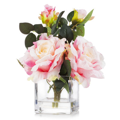 Ensemble de 3 grandes roses en soie dans un vase en verre transparent avec de l'eau artificielle