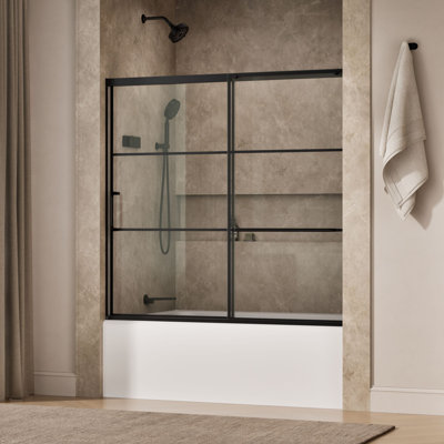 Elate Sliding Bath Door, 56-3/4-In H X 56-1/4 - 59-5/8-In W With Heavy 5/16-In Thick Frosted Glass With Rectangular Grille Pattern