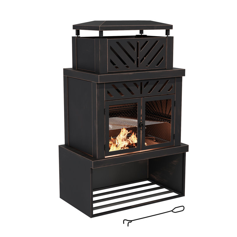 Outdoor Patio Multifunctional Wood-Burning Steel Fireplace with Chimney, Log Holders, Fireplace Tool,Winter Patio Ambience & Practicality Double Duty