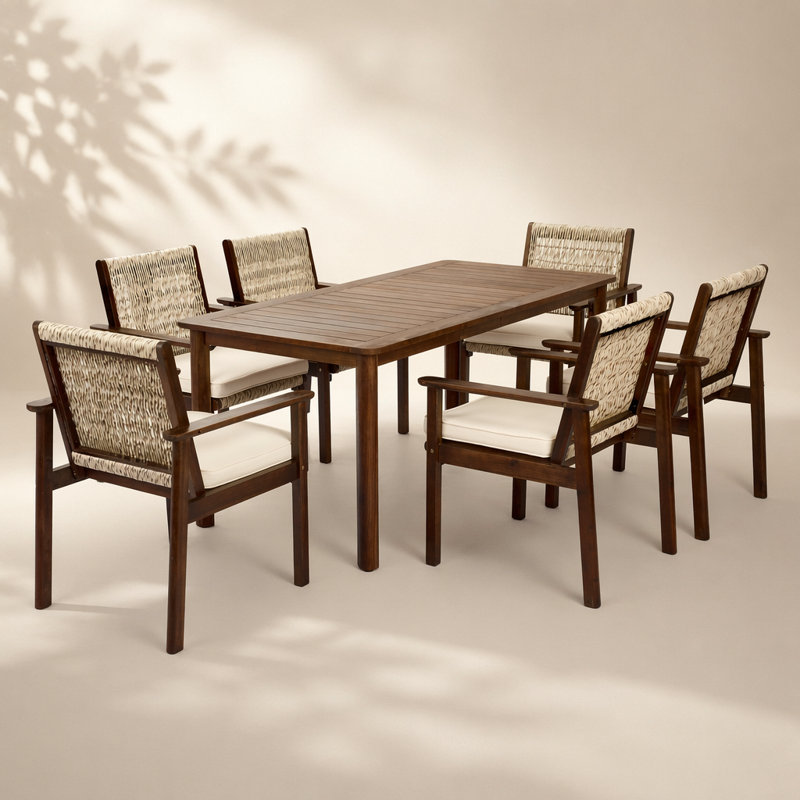 7 Piece Outdoor Acacia Wood Dining Set with Cushions, Perfect for Coastal and Boho Decor, Weather-Resistant and Durable
