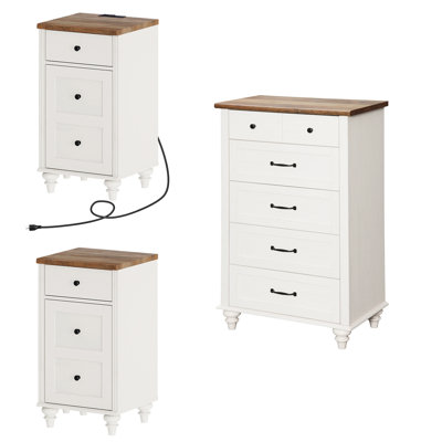 3 Piece Bedroom Set - Includes Mid Century 5 Drawer Dresser, Set Of 2 Bedside Tables With Charging Station, 3 Piece Dresser And Nightstand Sets, Oak by August Grove