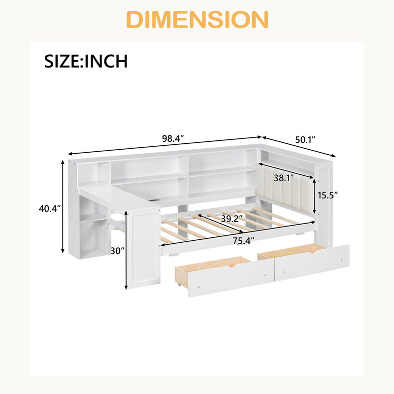 Wood Platform Bed With Storage Shelves, Drawers, Charging Station, LED, Desk And Upholstered Headboard, Twin, White