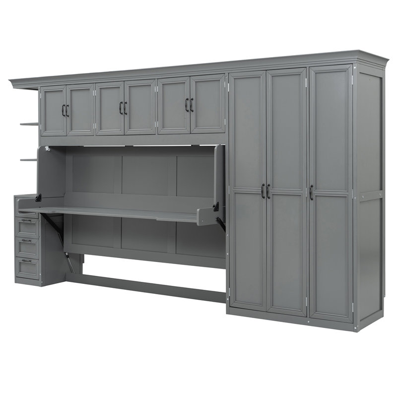 Lit escamotable simple avec garde-robe, armoire et bureau, gris