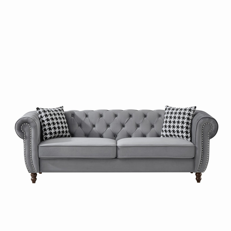 Chesterfield Velvet Upholstery Fabric Sofa with Roll Armrest & Nailhead - Thumbnail 3