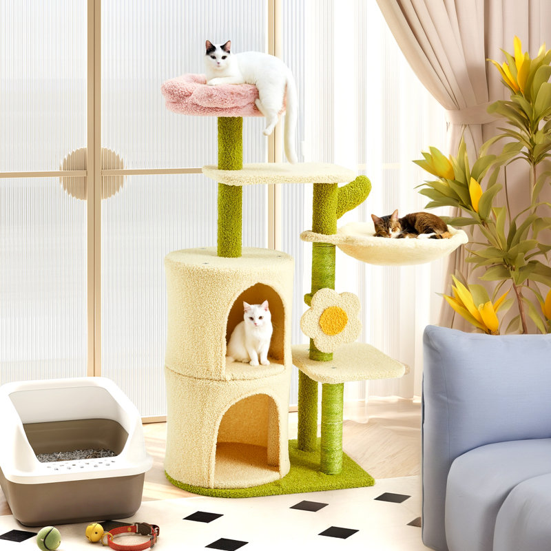 38'' Flower Cat Tree Tower, Cute Cat Tree For Indoor Small Medium Cats, Multi-level Cat Tower With Cat Scratching Post, Cat House, Cat Bed, Stylish Cat Furniture, Green