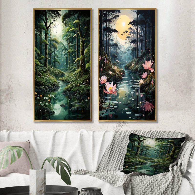 Deep River Into The Forest I - ensemble de 2 reproductions d'art mural forêt, Encadrement doré, H 28 po x l 25 po