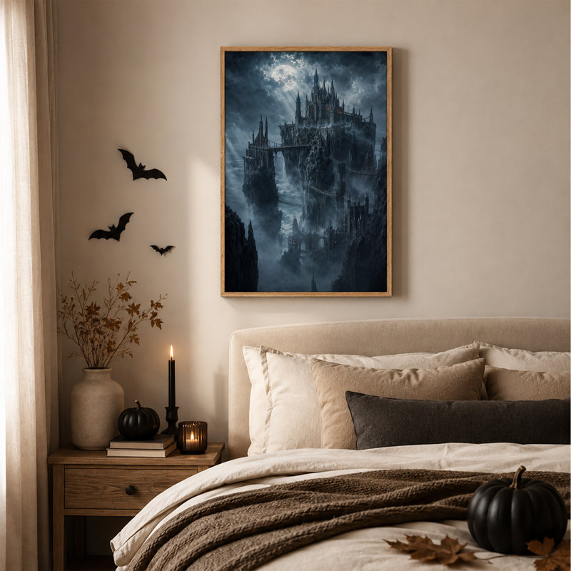 Impression sur toile, "Dark gothic Castle on Rocky Cliff Under Full Halloween", H 36 po x l 24 po