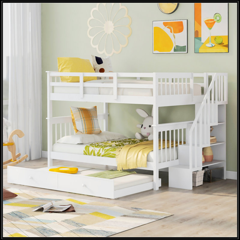 Lit superposé double avec lit gigogne simple Stairway, Blanc