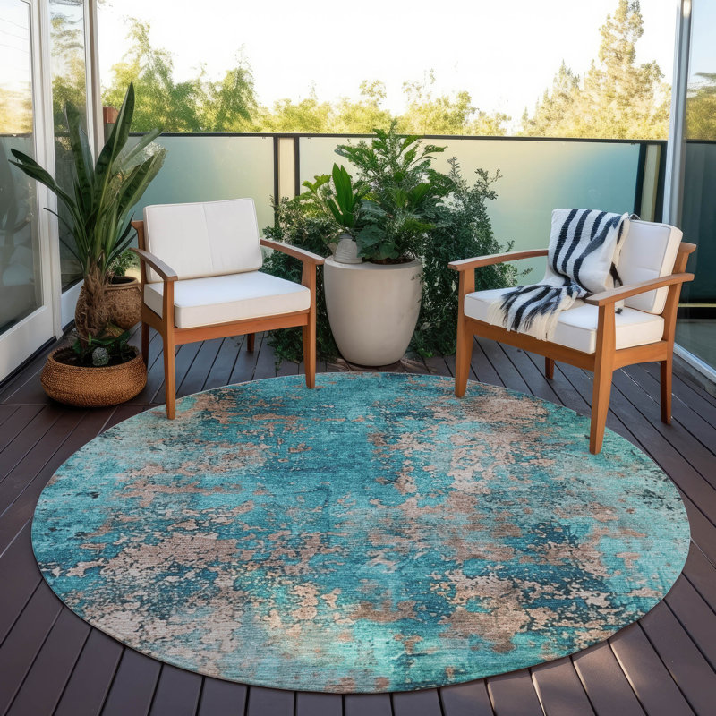 Tapis bleu sarcelle lavable à la machine intérieur / extérieur Xhevrie, Rond 8 pi