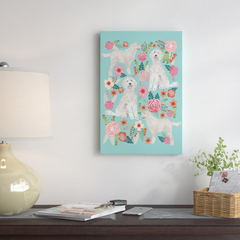 Collage floral golden doodle, impression sur toile tendue, H 60 po x l 40po x P 1,5 po, Toile avec cadre noir, Pas de tapis