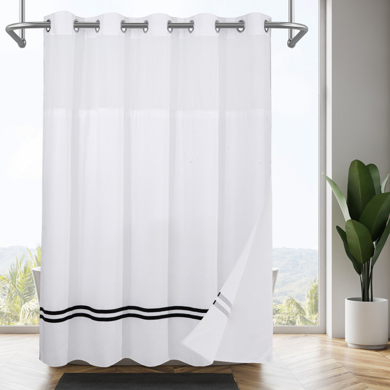 Striped Shower Curtain with Snap-in Liner, No Hooks Needed, White/Black