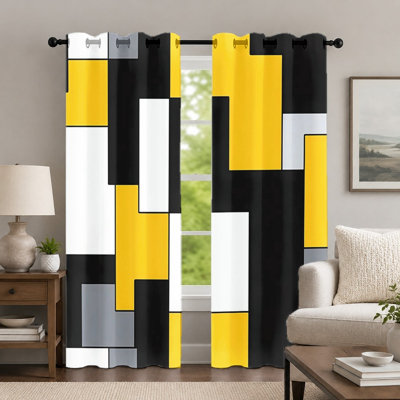 2 Pcs Geometric Block Print Curtains, Grommet Curtains, Modern Abstract Color Block Window Drapes for Living Room Bedroom Home Decor