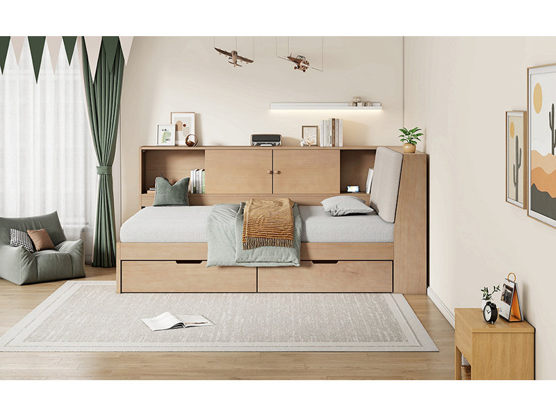 Lit de coin en L en bois avec tiroirs sous le lit avec bibliothèque de rangement et tête de lit tapissier et ports de chargement USB pour un espace limité