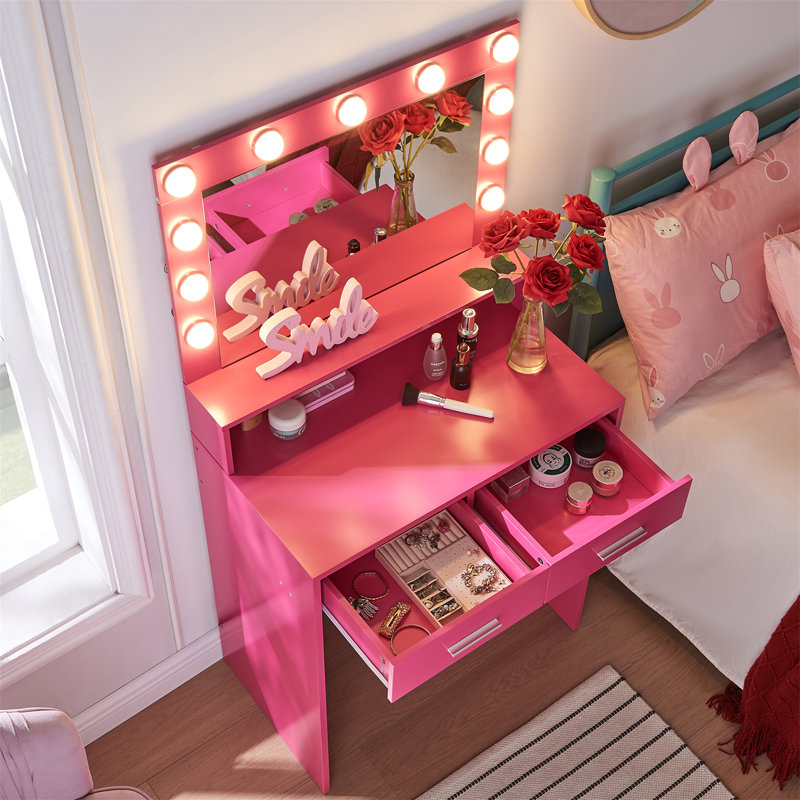 Vanity Desk With Mirror And Lights, Rose Pink
