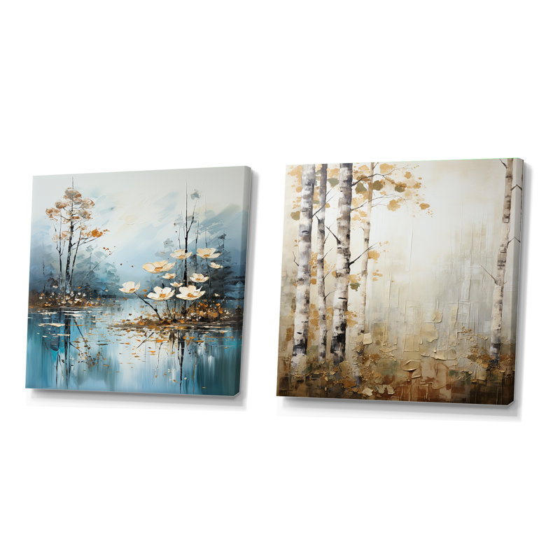 «Minimal River Forest», ensemble de 2 collages carrés, Toile tendue, H 30 po x l 61 po