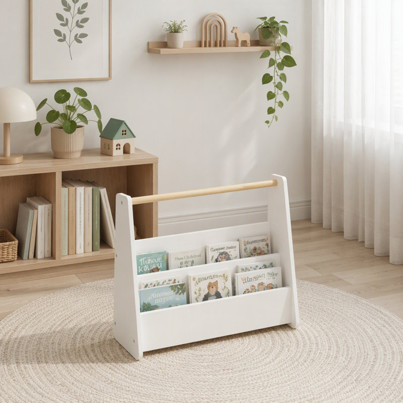 Étagère pour enfants avec poignée en bois, bibliothèque à 2 niveaux pour tout-petits, rangement de livres portatif pour enfants, blanche