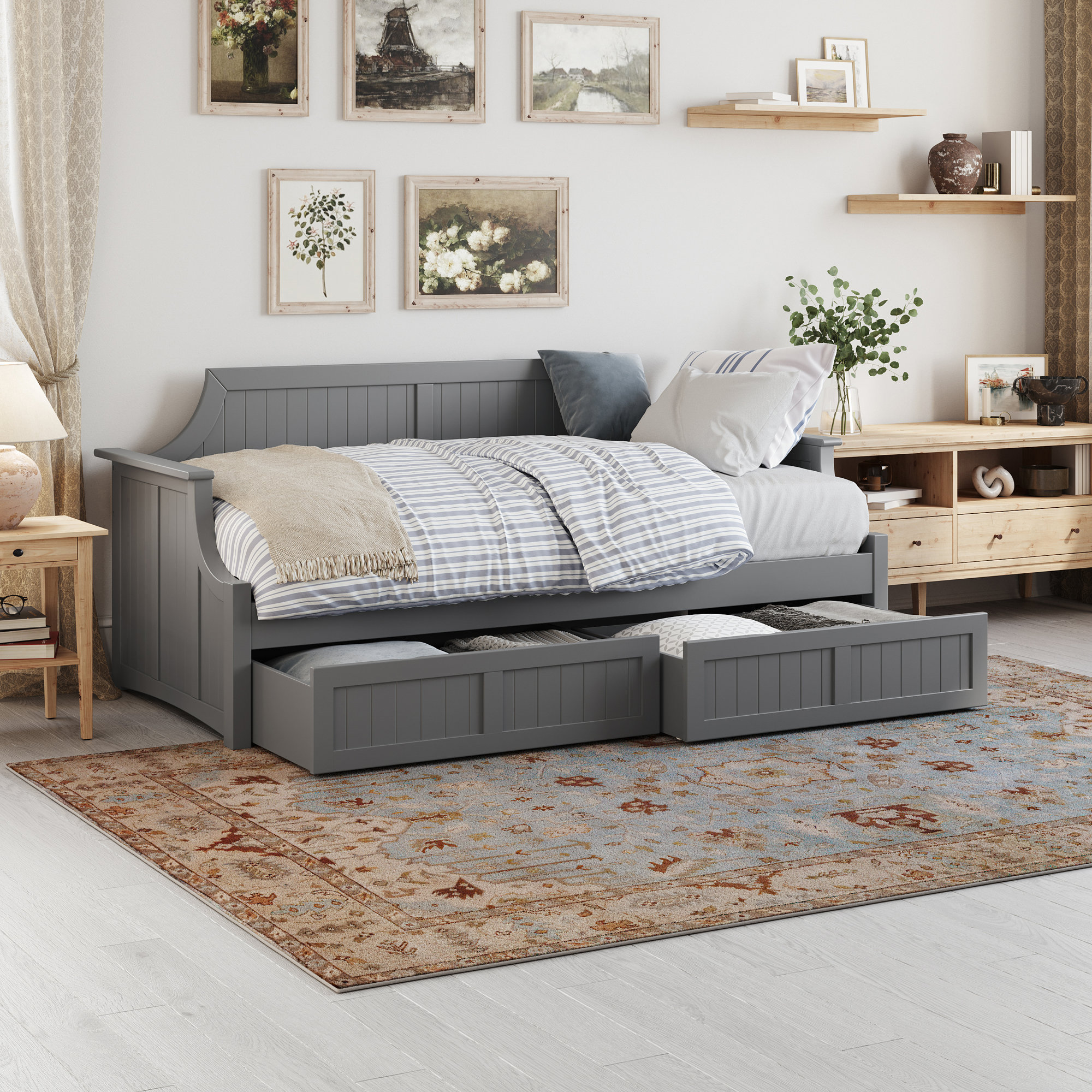 Antavious Coastal Cottage Solid Wood Twin Daybed with Storage Drawers, Gray