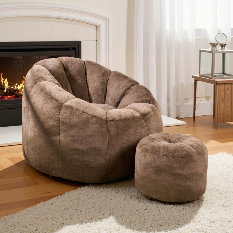 Compression Comfy Pumpkin Bean Bag Couch Sofa Chair,Modern Faux Fur Bean Bag Chair With Ottoman, Dark Brown Velvet