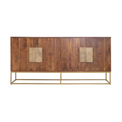 Buffet Aacia Home 64 po en bois d'acacia brun avec détails en laiton et base en fer doré, armoire de rangement traditionnelle à 4 portes, pour le salon, le vestibule ou la chambre à coucher