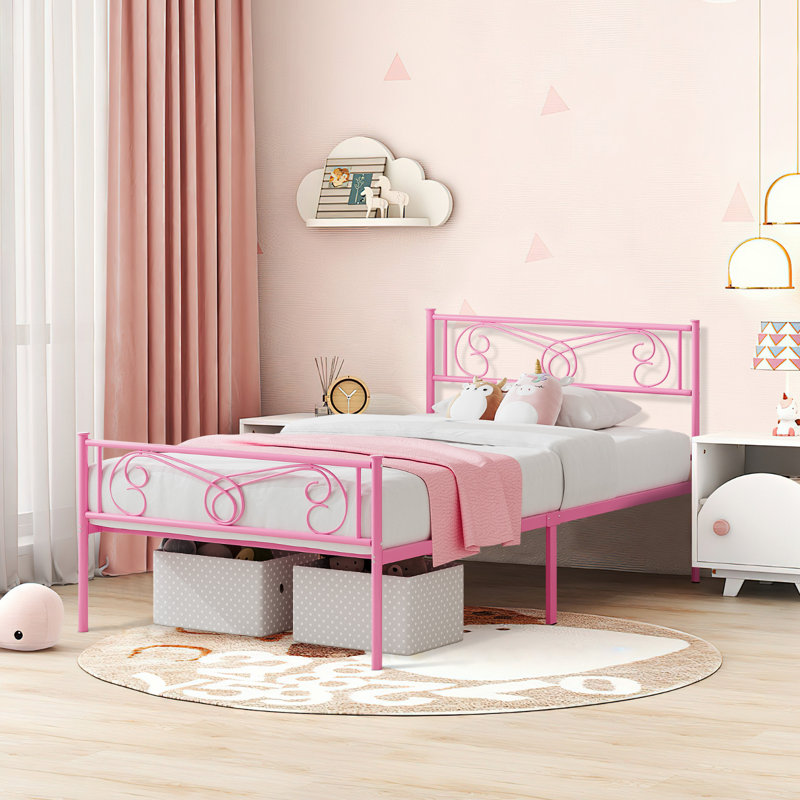 Structure de lit simple en métal, sommier plateforme avec tête et pied de lit, rangement sous le lit, support en lattes d'acier robuste, rose