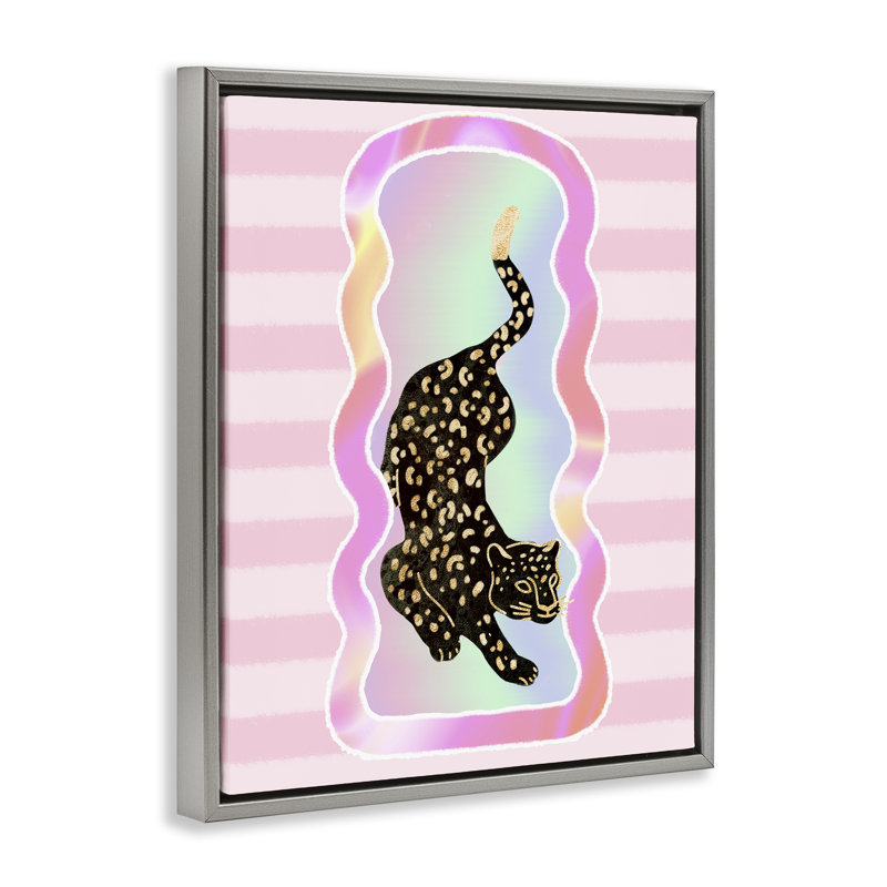 «Leopard & Pink Stripes» par Ziwei Li, Cadre flottant gris lustré, H 31 po x l 25 po
