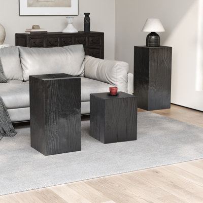 Table d'appoint à colonne carrée de style rétro naturel noir, construction, L 14,5 po x l, différentes hauteurs pour le rangement des articles, utilisation dans la chambre à coucher
