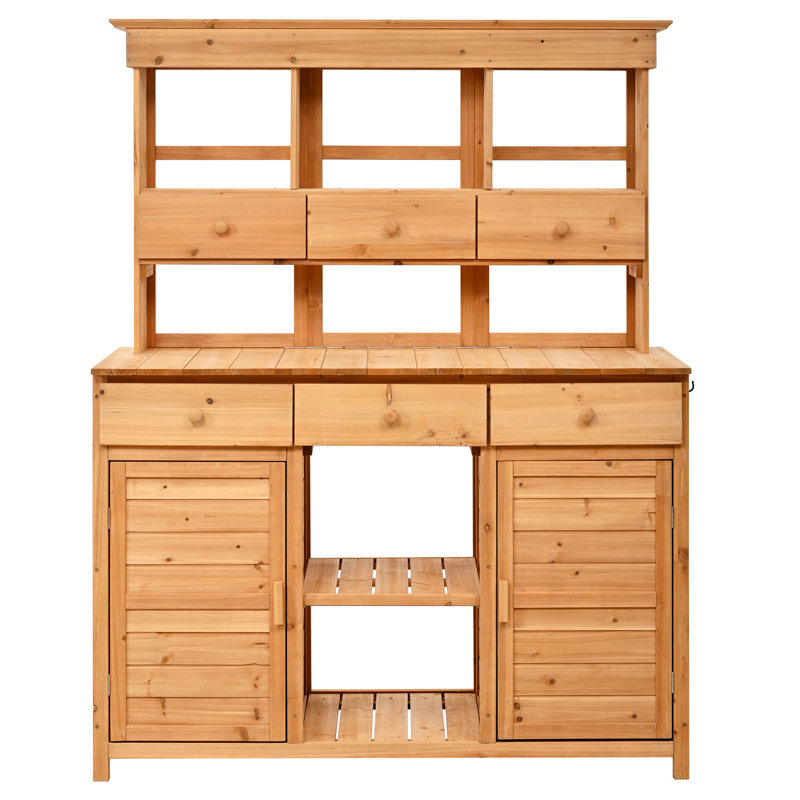Ergonomic Garden Storage Workstation - 65.7'' Tall, Fir Wood, 6 Drawers, 2 Cabinets, 3 Shelves, Side Hooks, Brown Tall Potting Table 65.7''H, Ergonomic,