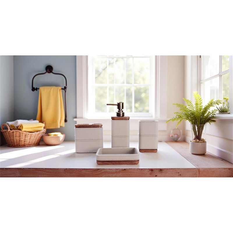 Leather bathroom accessory set