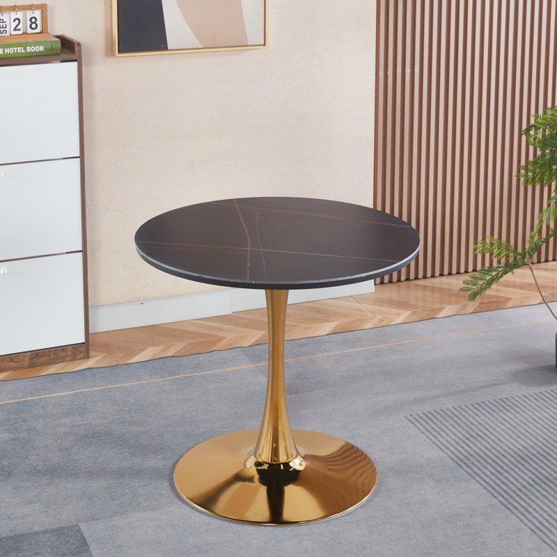 Table de salle à manger 31,5 "Mid-Century pour 2 à 4 personnes avec plateau rond en MDF, table basse de loisir, plateau en céramique et panneau de fibres à densité moyenne