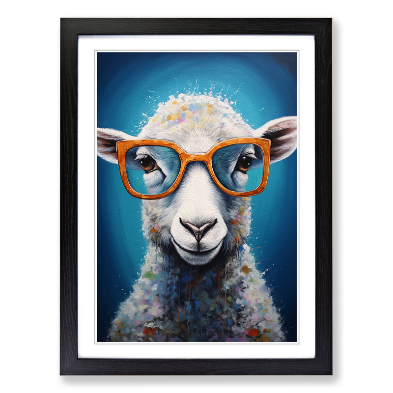 Sheep with Glasses Painting - Framed Print, Black , 46cm H x 34cm W x 2cm D