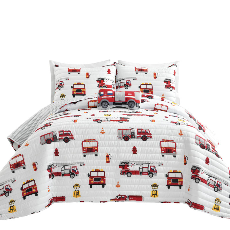 Ensemble de courtepointe Fire Truck, Rouge / Blanc, Courtepointe simple + 1 taie décorative + 1 couss