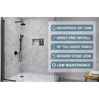 96” Waterproof SPC Shower Wall Panel Kit – 4-Piece Grout-Free Bathroom Surround (36"x60"x96")