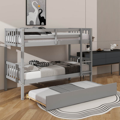 Twin Over Twin  Rubber Wood Bunk Bed With Pull Out Trundle Bed Transformable To Two Separate Beds