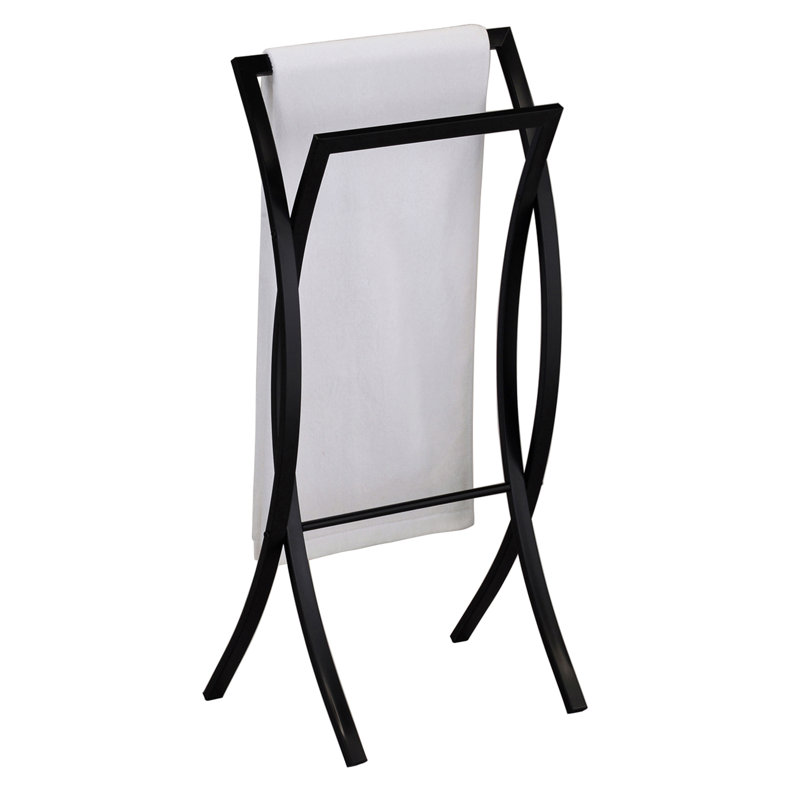 Porte-serviettes de salle de bain autoportant avec deux barres chromées et une base en métal lestée pour suspendre des serviettes de bain et des débarbouillettes dans des espaces compacts au design contemporain épuré