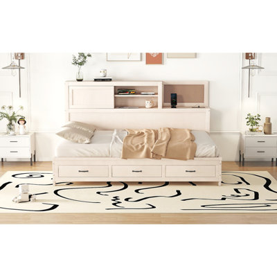 Lit de jour en bois pleine grandeur avec 3 tiroirs de rangement, tablette souple supérieure, tablette et ensemble de prises et ports USB, blanc