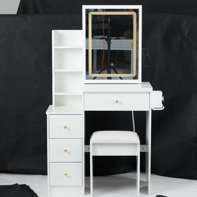 Petite coiffeuse 29,2 po avec tabouret de chevet gauche + tabouret rembourré, 2 blocs d'alimentation CA + 2 ports USB, support pour séchoir à cheveux, très grand miroir à DEL coulissant à contrôle tactile, changement de luminosité tricolore, réglage de la luminosité