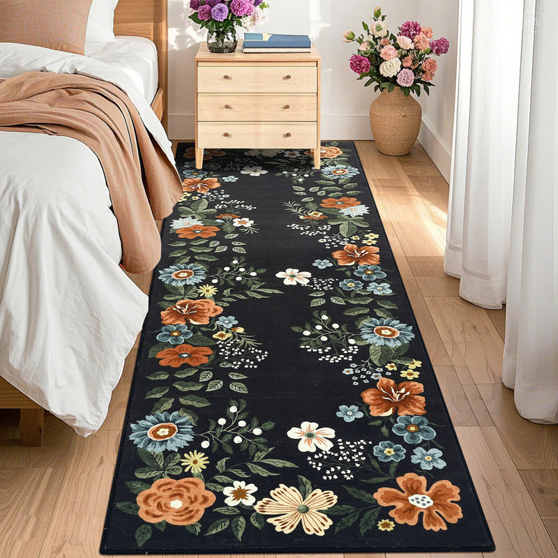 2'x6' Floral Wreath Runner Rug, Washable Non Slip Non Shedding Low Pile Stain Resistant Foldable Soft Carpet for Entryway Kitchen Bathroom Black