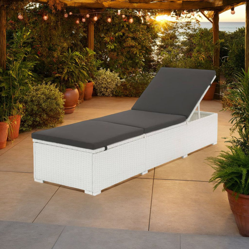 Chaise longue d'extérieur ajustable, coussin, rotin Nino, Noir, noir, noir, noir, Blanc