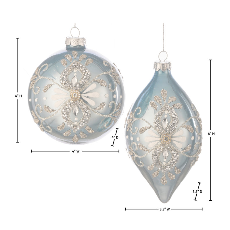 Ensemble de 6 ornements en verre de 4 à 6 po avec boule et faîteau, Bleu / Argent