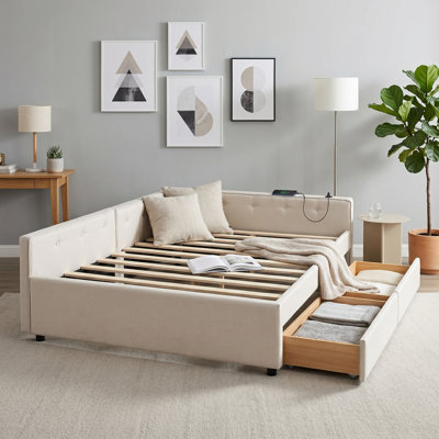 Lit de jour moderne rembourré avec dossier et 2 tiroirs de rangement - Conception compacte pour la chambre à coucher ou la chambre d'amis