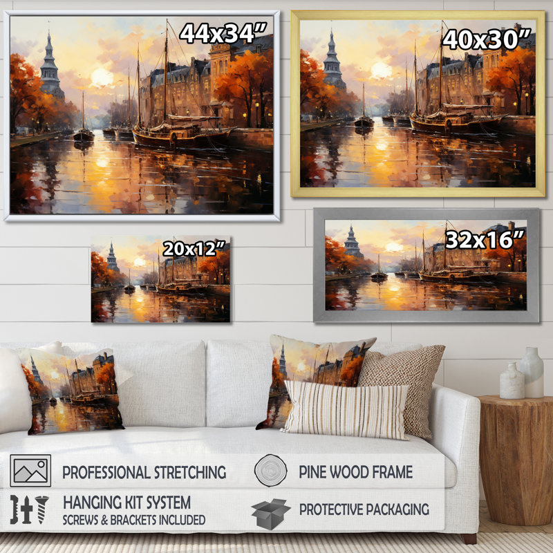 «Orange Canal Golden Glow Warm», reproduction sur toile, H 24 po x l 32 po x P 1 po, Cadre naturel flottant