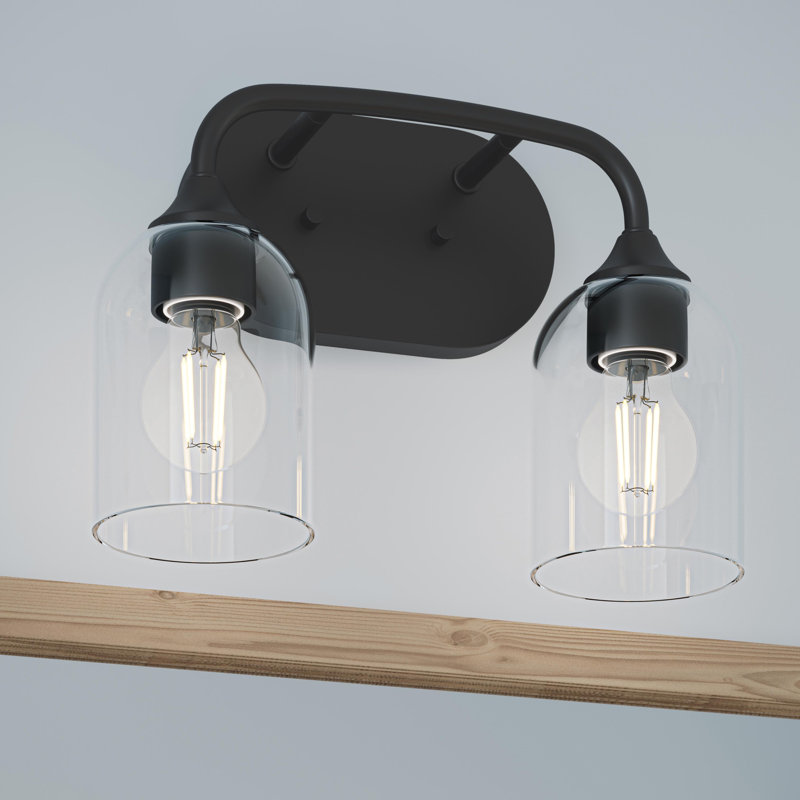 Meuble-lavabo noir mat 2 lumières avec abat-jour en verre transparent Ilia, Noir mat, 2
