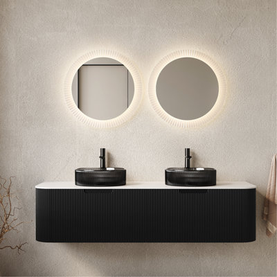 Meuble-lavabo de 60 po avec 2 tiroirs et lavabos en verre noir transparent, pré-assemblé, noir, armoire à rayures 3D, entretien facile des lavabos, fermeture silencieuse des tiroirs