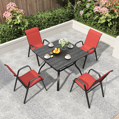 5-Piece Outdoor Patio Dining Set with Vintage Wood Grain Table, Umbrella Hole, and 4 Ergonomic Folding Chairs, 350LB Capacity, Waterproof Textilene Fabric, for Garden Yard Balcony Patio Restaurant